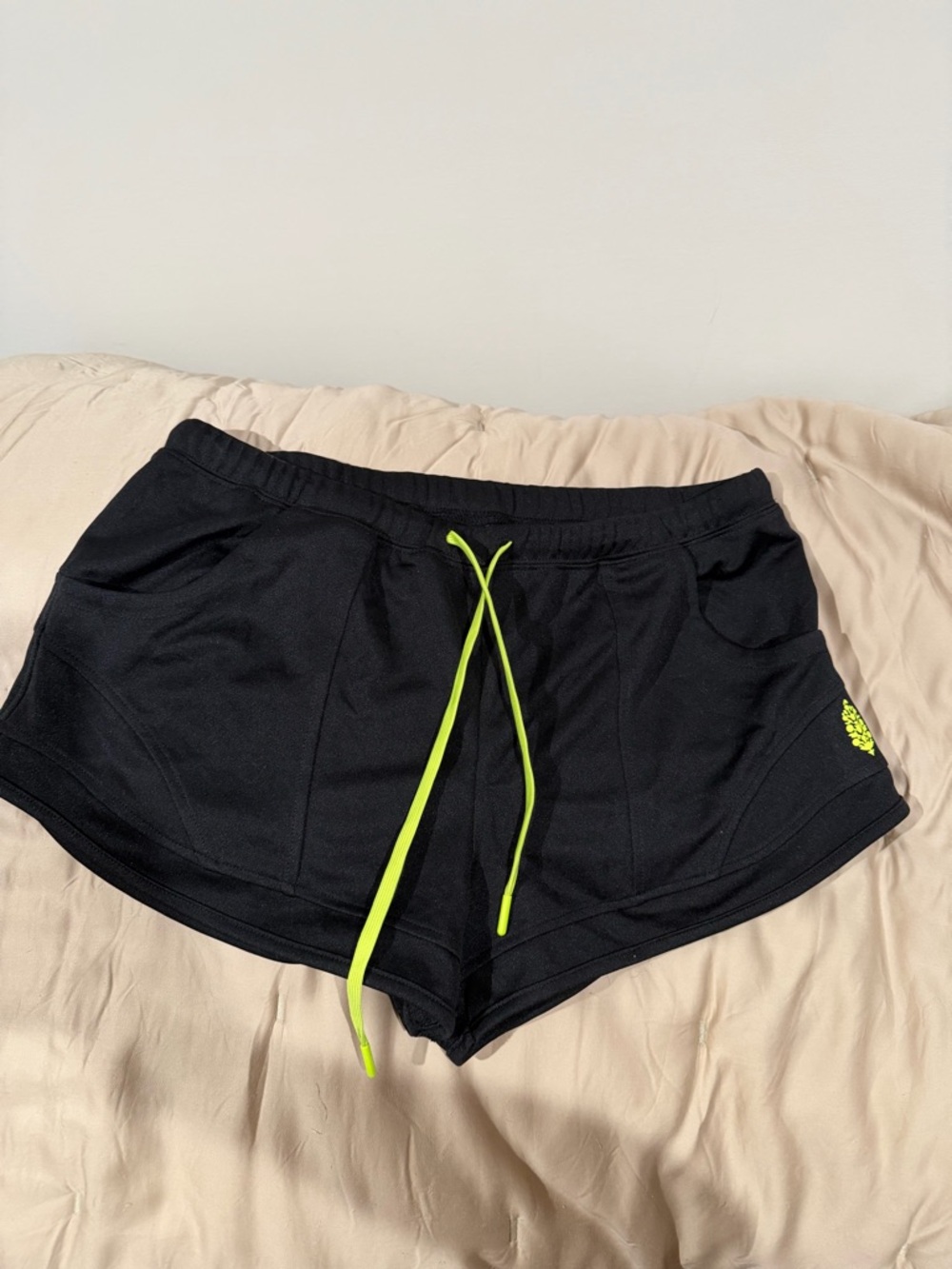 Free People Black Athletic Shorts with Neon Yellow Drawstring